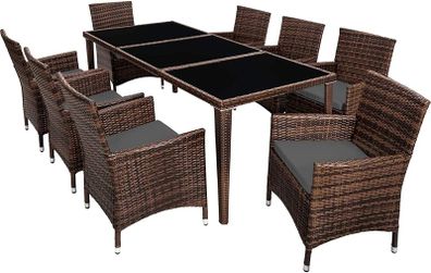 _Aluminium Poly Rattan Dining Set, 8 Chairs + 1 Dining Table with Glass Tops, Includes 2 Cover Sets and Protective Cover