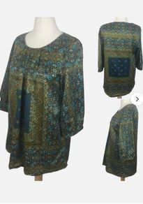 Jensen Ladies Green Satin Tunic Blouse Floral & Paisley Print Uk 14 Includes Postage
