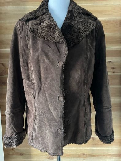 Shearling coat jacket fur suede leather women Gerry Webber size 10-12 brown