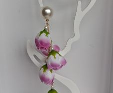 Cottagecore - Pink & White Rose Bud Round Pearl Stud Cascading Tassedl Earrings