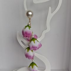 Cottagecore - Pink & White Rose Bud Round Pearl Stud Cascading Tassedl Earrings