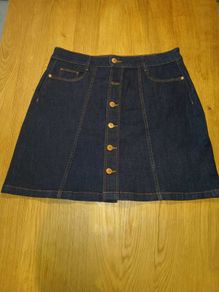 Dark blue denim button-front mini skirt