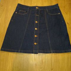 Dark blue denim button-front mini skirt