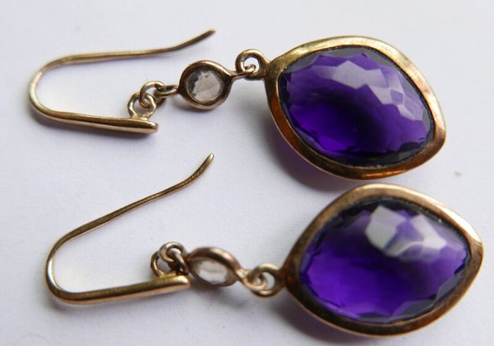 Vintage 925 Sterling Silver Gold Plated Amethyst Hook Drop Earringss