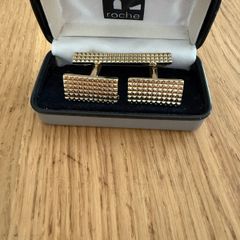 Roche Gold Tone Cufflinks and Matching Tie Clip Set