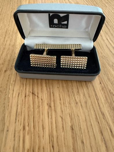 Roche Gold Tone Cufflinks and Matching Tie Clip Set