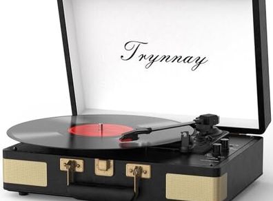 Record Player 3 Speed Bluetooth Portable Suitcase Vinyl Player with Built-in Speakers Turntable Enhanced Audio Sound Waxed Leather Vintage Black