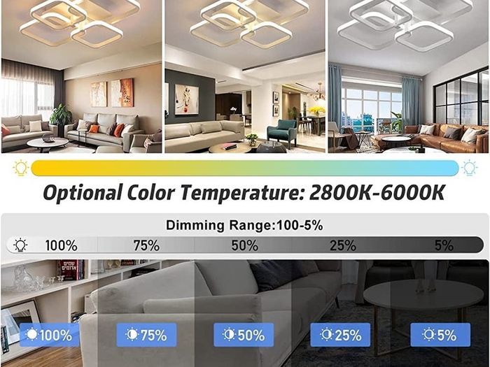 LED Dimmable Ceiling Lights with Remote, Chandelier Ceiling Light with 4 Squares, Flush Mount Ceiling Lamp for Living Room Kitchen Office Bedroom Dining Room (FREE POSTAGE)