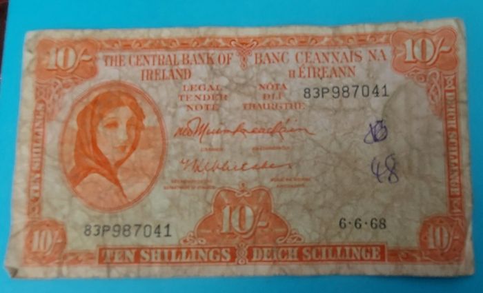 Irish 1966 &68 X 5 Lavery ten shilling banknote in used condition