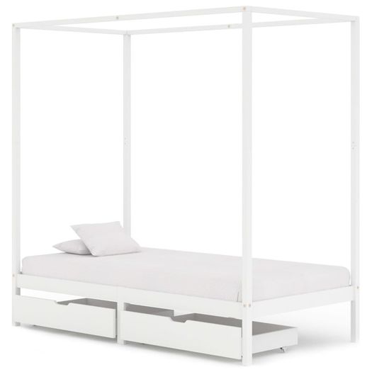 Canopy Bed Frame with 2 Drawers White Solid Pine Wood 100x200cm