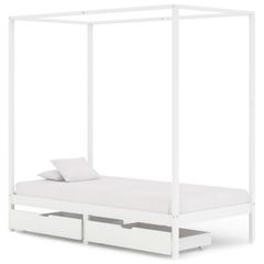 Canopy Bed Frame with 2 Drawers White Solid Pine Wood 100x200cm