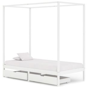 Canopy Bed Frame with 2 Drawers White Solid Pine Wood 100x200cm