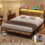 4ft6 Double Bed Frame with Wooden Headboard, Metal Platform Bed Frame with LED Lights and Charging Station,Sturdy Metal Slats Support, UnderBed Storage,Easy Assemble,No Mattress (Double-135x190cm) Image 7