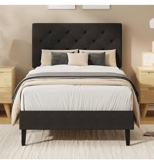 Single Bed Frame, 90 x 190 cm, with Adjustable Upholstered Headboard, Heavy Duty 256kg Weight Capacity, Easy Assembly, No Box Spring Needed, Grey
