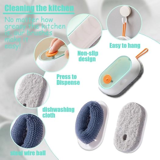 Brand New Plstod Dish Brush with 3 Brush Heads, Dish Brush with Reservoir, White Dish Brush, Cleaning Brush 12 6.5 2.5 cm, with 2 Nylon Brush Heads and 1 TPR Brush Head