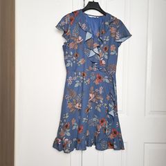 Formula Joven Blue Terracotta Floral Ruffle Wrap Dress V-Neck Tea Dress 14UK/42EU