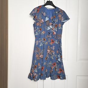 Formula Joven Blue Terracotta Floral Ruffle Wrap Dress V-Neck Tea Dress 14UK/42EU