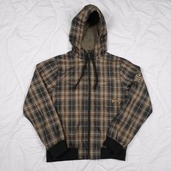 Billabong Khaki Green Orange Plaid Checkered Skate Surf Hooded Windbreaker Jacket Mens Size M