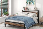 Double Bed Frame with Wood Storage Shelf Headboard,4ft6 Metal Platform Bed Frame Double Bed,Heavy Duty Steel Slat Support,Underbed Storage,Easy Assembly