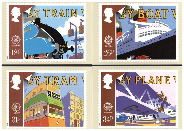 1988 England Europa (Transport) PHQ Postcards. Card show enlargement of stamps of Train, Boat, Planet & Train.