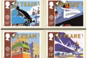 1988 England Europa (Transport) PHQ Postcards. Card show enlargement of stamps of Train, Boat, Planet &amp; Train.