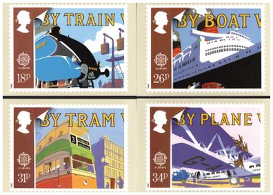 1988 England Europa (Transport) PHQ Postcards. Card show enlargement of stamps of Train, Boat, Planet & Train.