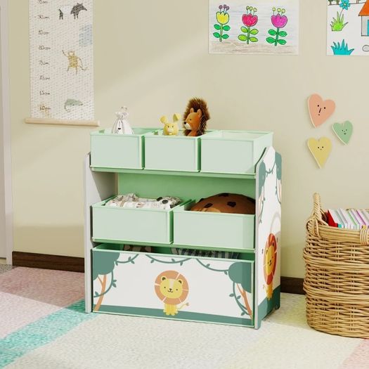 Kids Toy Storage Units, 3-Tier Toy Organiser Shelf with 6 Removable Boxes for Kids, Bedroom, Playroom, Green