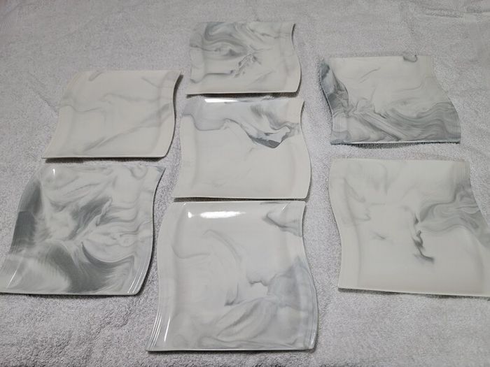 Stylish Modern Porcelain China Square 55 Piece Dinner Set, Marble Grey, Dinnerware, Dinner Party Set. Plates, Cups Mugs Bowls Egg Cups