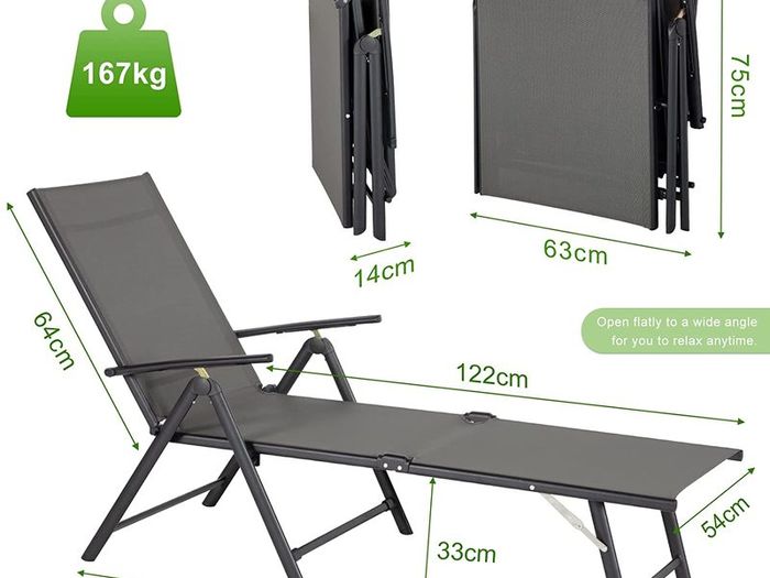 Foldable Reclining Sun Lounger, Grey Textiline Garden Loungers Reclining Garden Chair with 7 Back & 2 Leg Adjustable Positions (Gray)