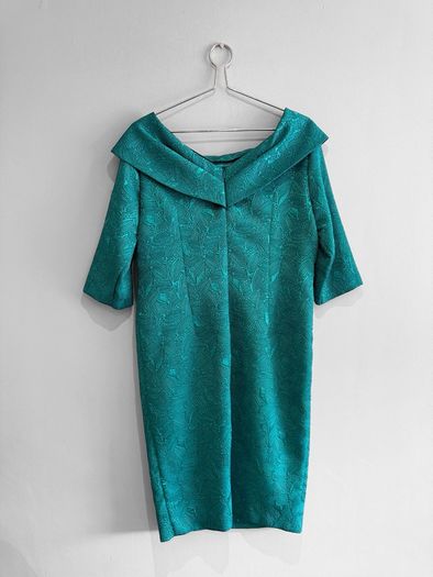 Pre Owned Coco Doll Teal Jacquard Off-The-Shoulder Cocktail Dress
