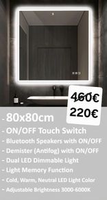 LED Bathroom Mirror Bluetooth Fog Free Dual LED 80x80cm Bright Light Makeup Vanity Cosmetic Touch Dimmable Light