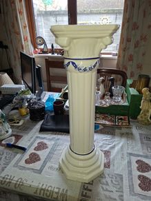 Beautiful Glazed Ceramic Pedestal or Jardiniere Stand, the square waisted top with moulded corner scrolls above a fluted column,