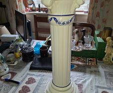 Beautiful Glazed Ceramic Pedestal or Jardiniere Stand, the square waisted top with moulded corner scrolls above a fluted column,