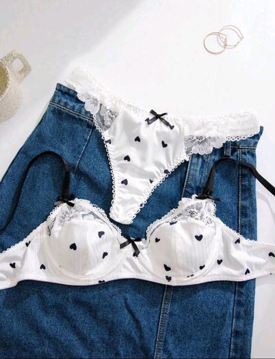 White Lingerie Set with Black Hearts & Bows Size M