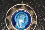 Vintage Blue Enamel Our Lady of Lourdes Pendant - Stamped