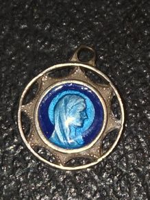 Vintage Blue Enamel Our Lady of Lourdes Pendant - Stamped