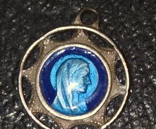 Vintage Blue Enamel Our Lady of Lourdes Pendant - Stamped