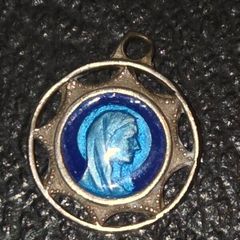 Vintage Blue Enamel Our Lady of Lourdes Pendant - Stamped