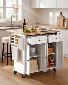 Large Kitchen Island Cart with Storage Mobile Rolling Storage Island on Swivel Wheels, with 2 Drawers, Storage Cabinet, Drop Leaf, Spice/Towel Rack
