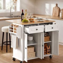 Large Kitchen Island Cart with Storage Mobile Rolling Storage Island on Swivel Wheels, with 2 Drawers, Storage Cabinet, Drop Leaf, Spice/Towel Rack