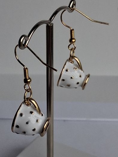 White & Gold Spotty Mini Teacup Drop Earrings