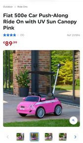 Fiat 500e Push Along RideOn Car with UV Sun Canopy Pink Brand New
