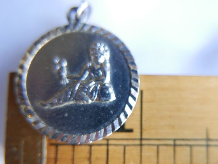 Vintage  Silver  Virgo Charm, Zodiac Sign Virgin, Old Astrology Medal Pendant, 1" -  3,91g