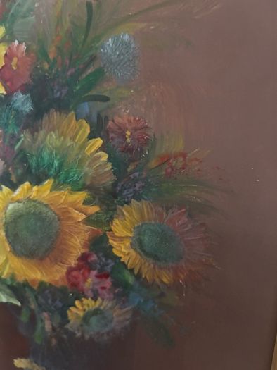 Vintage Oil Painting Of Sunflowers In A Vase