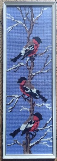 Vintage Swedish Hand Stitched Framed Robins