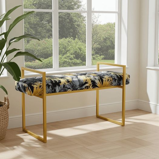 Tropical Velvet Bench Gold Metal Frame