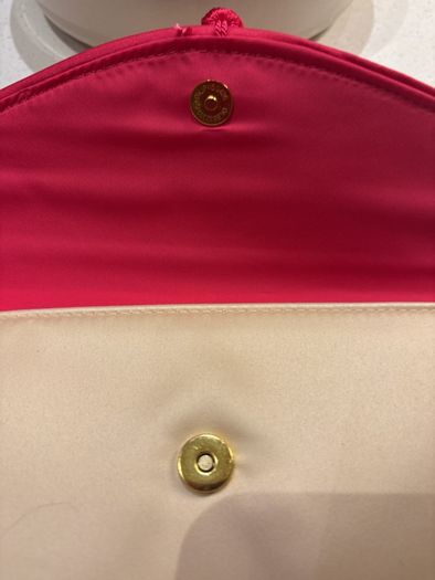 Escada Fiesta Carioca Ivory Satin like fabric with Rose Pink Trim Toiletry, Make Up - Clutch Bag