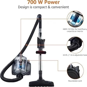 Cylinder Bagless Vacuum Cleaner with HEPA filter for Hardfloor, Carpet & Car, Compact & Lightweight, 700W, 1.5L, Black