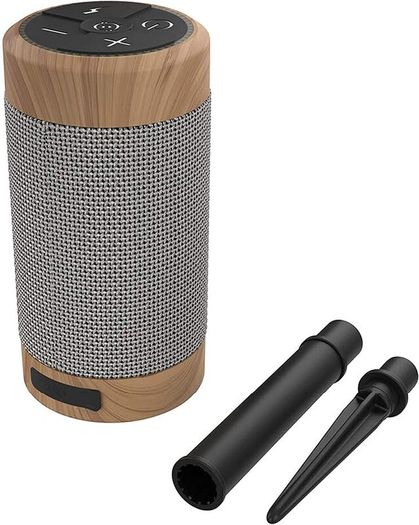 KitSound KS DIGGIT Diggit Outdoor Freestanding Bluetooth Garden Speaker with Removable Stake, Silver/Wood (New)