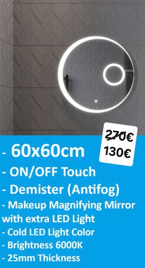 LED Bathroom Mirror Round Makeup Antifog 60cm